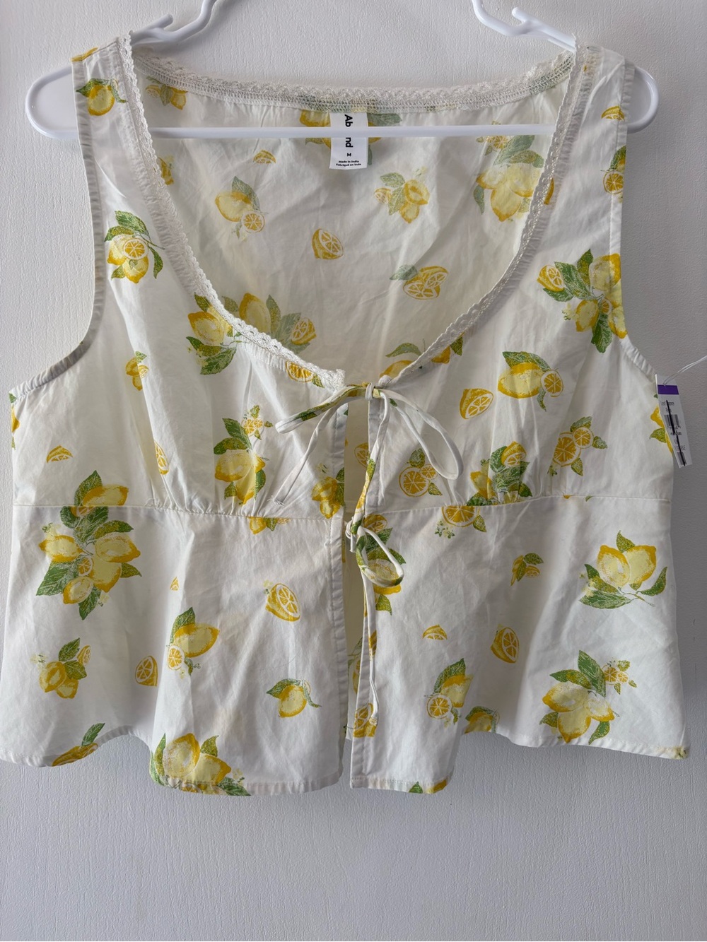 Abound Lemon Print Tie Front Camisole Top White Yellow M NWT
